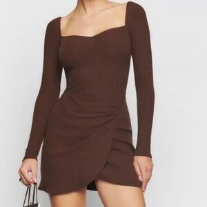 Brown Long-Sleeve Square Neck Wrap Mini Dress reformation knit dress